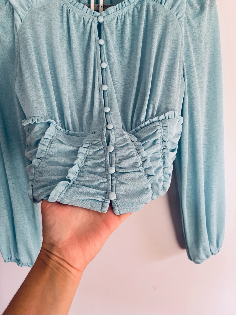 Anthropology Light Blue Ruched Button-Front Crop Top - Picture 2 of 10